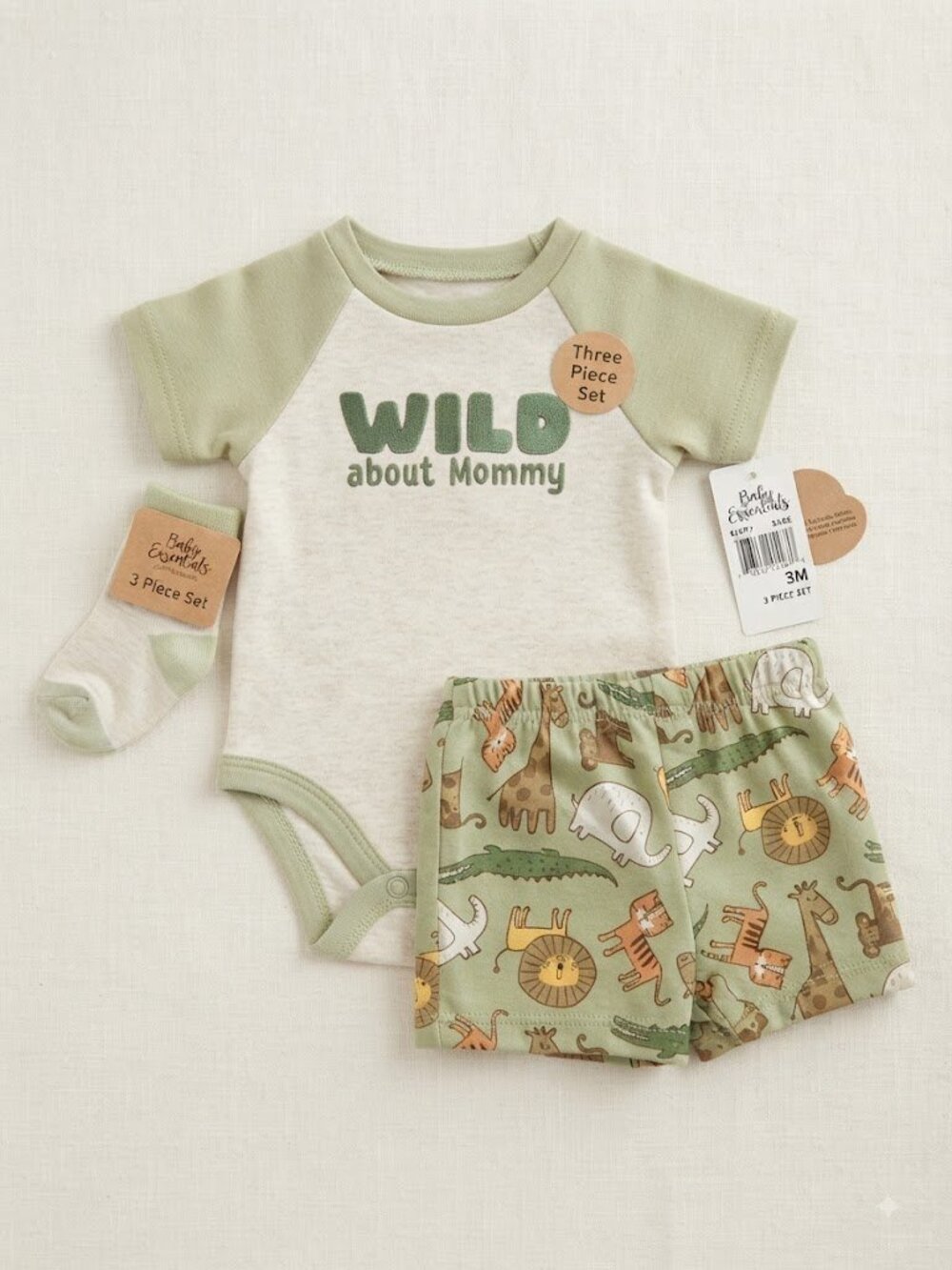 Baby Essentials Wild About Mommy Sage Safari 3-Piece Set 3M NWT